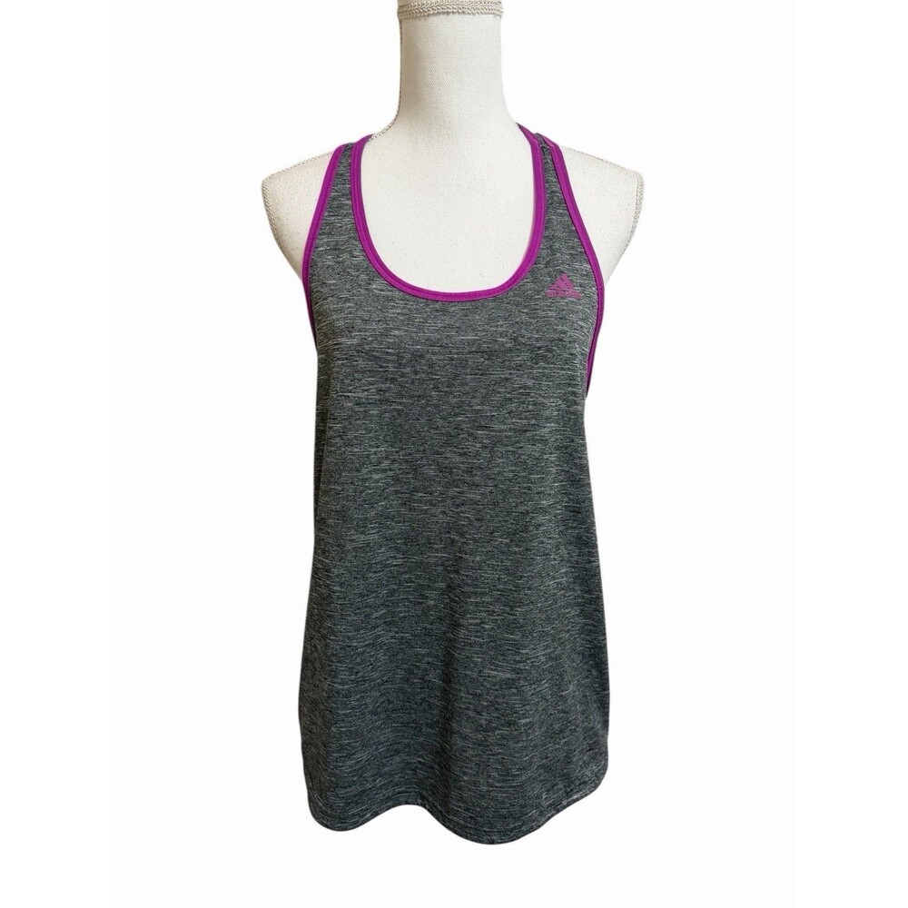 Adidas Women's L Climalite Racerback Tank Top Heather Gray Magneta Trim Large